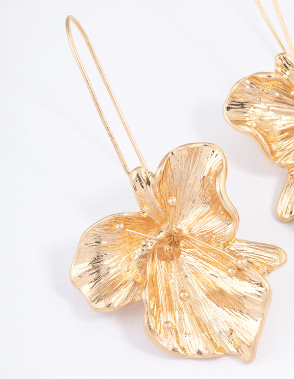 Worn Gold Organic Flower Drop Earrings