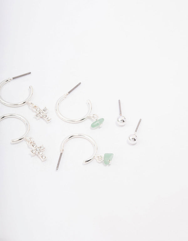 Silver Green Fluroite Diamante Cross Stacker Earrings