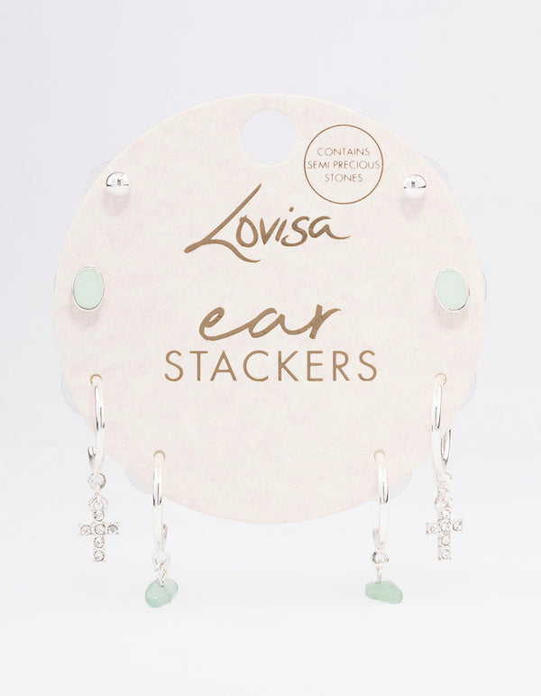 Silver Green Fluroite Diamante Cross Stacker Earrings