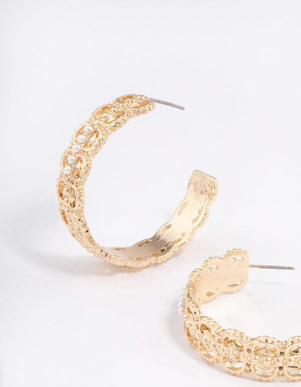 Gold Plated Large Ornate Pearl Hoop Earrings