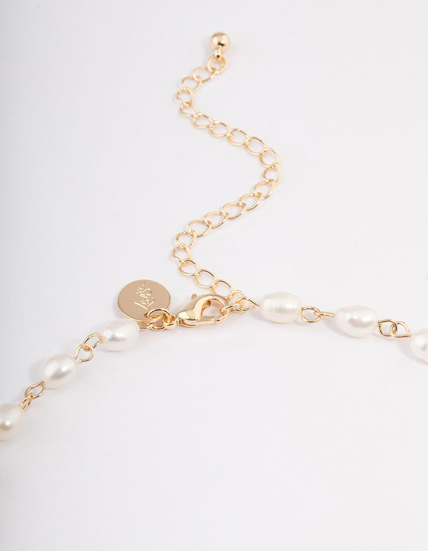 Gold Plated Freshwater Pearl Station Drop Necklace
