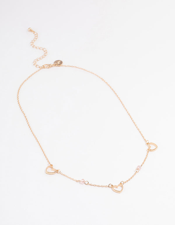 Gold Open Heart & Beaded Station Necklace