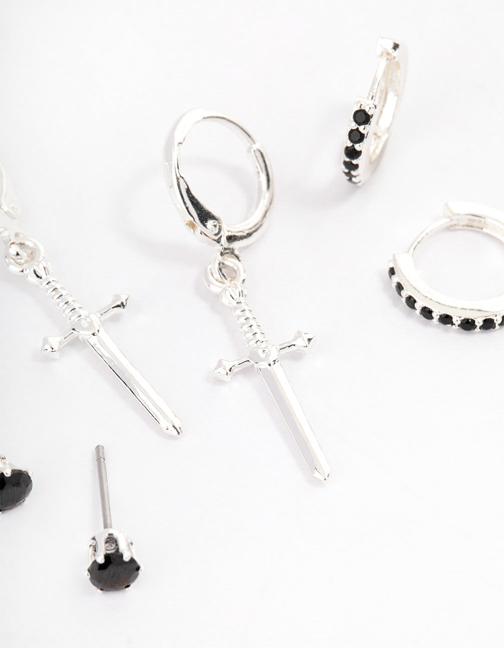Silver Plated Brass Cubic Zirconia Dagger Huggie Earrings Pack