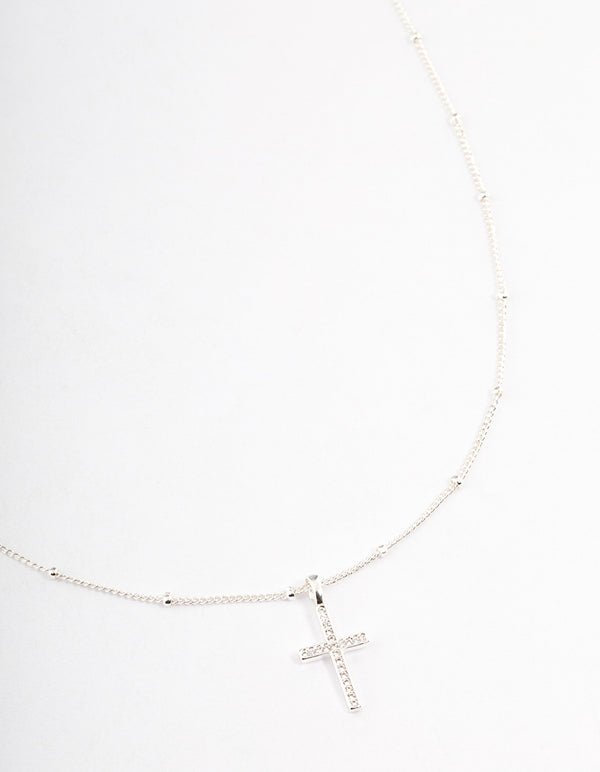 Silver Plated Brass Cubic Zirconia Pave Cross Necklace