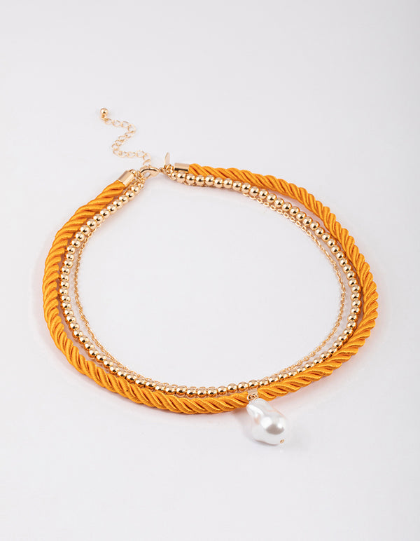 Gold Layered Orange Coloured Rope Pearl Necklace