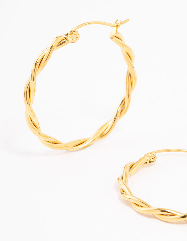 Waterproof Gold Plated Stainless Steel Medium Thin Twisted Hoop Earrings