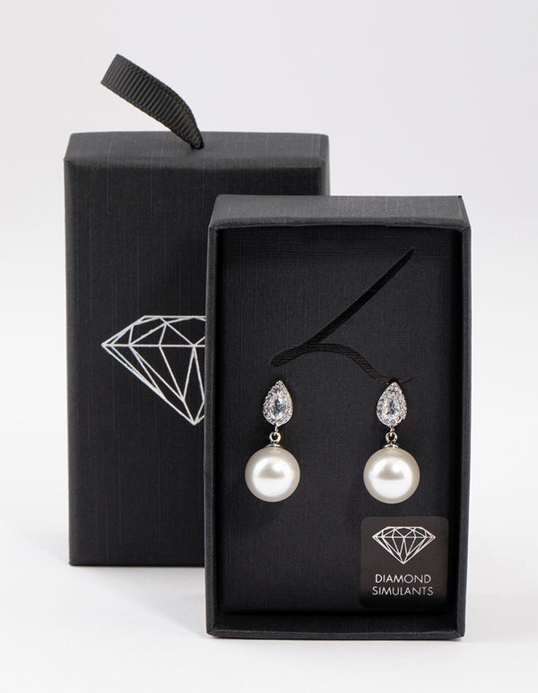 Silver Diamante Pear & Pearl Drop Earrings
