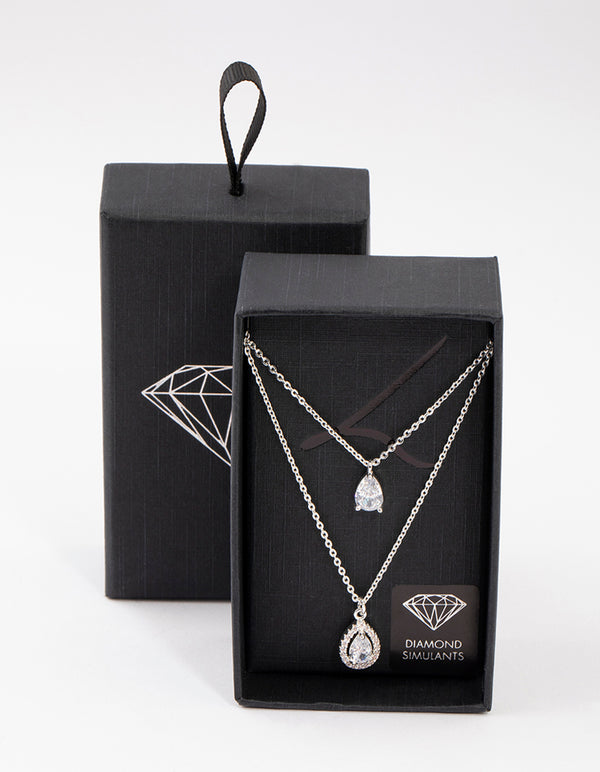 Silver Double Pear Layered Necklace