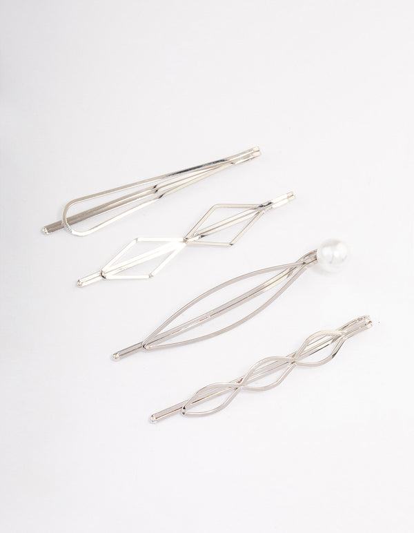 Silver Mixed Shape & Pearl Hair Clips 4-Pack