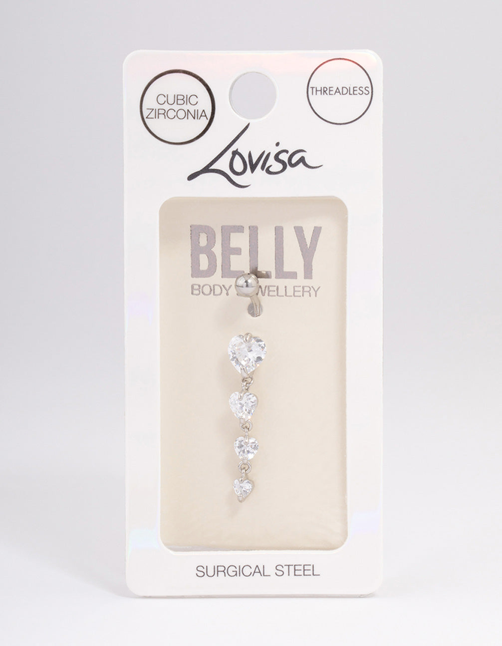 Surgical Steel Cubic Zirconia Hearts Threadless Belly Bar