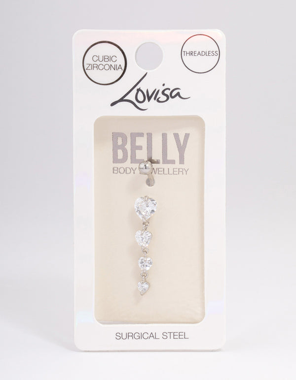 Surgical Steel Cubic Zirconia Hearts Threadless Belly Bar