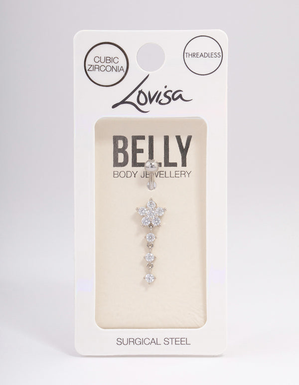 Surgical Steel Cubic Zirconia Flower Drop Threadless Belly Bar