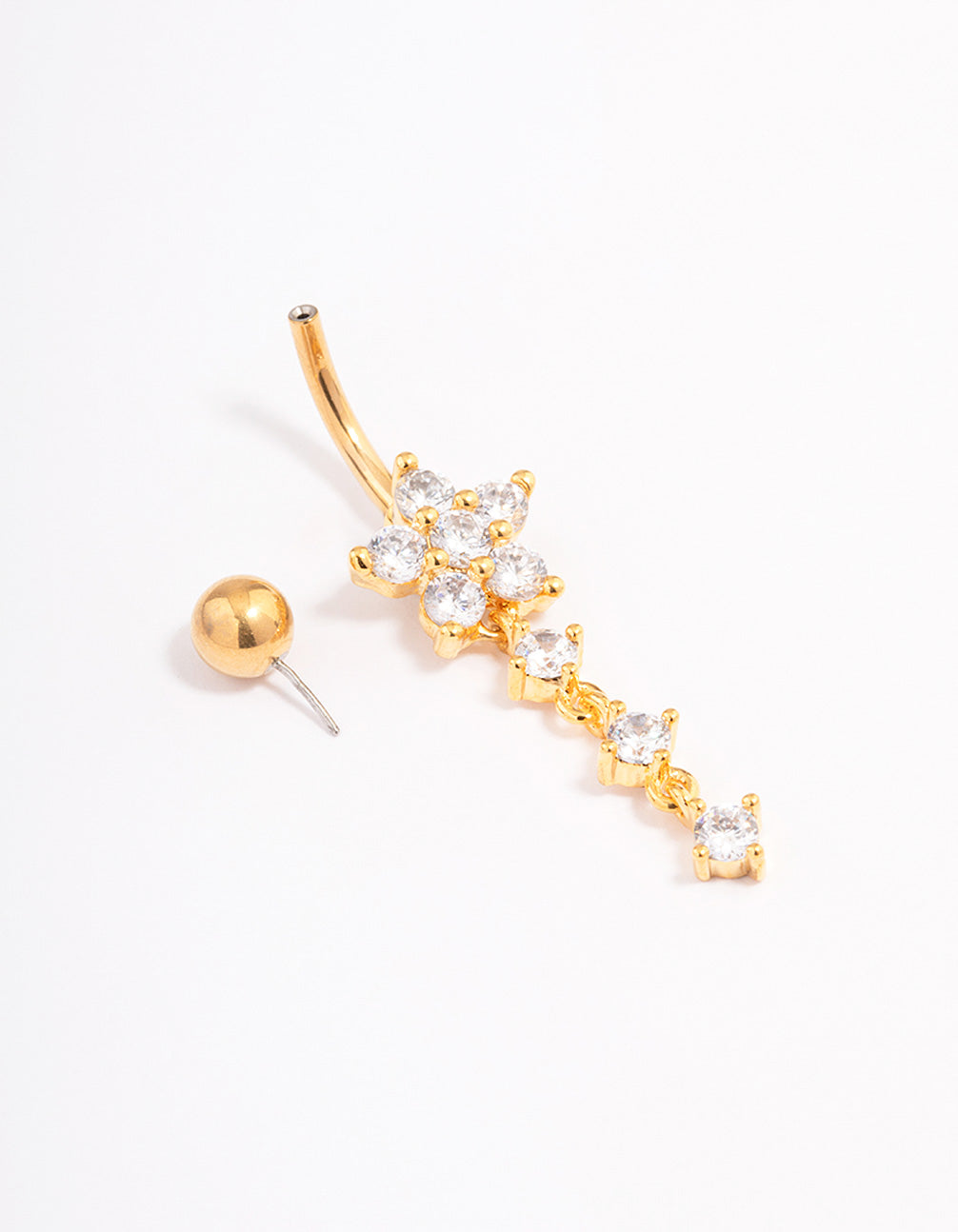 Gold Plated Surgical Steel Cubic Zirconia Trio & Flower Threadless Belly Bar