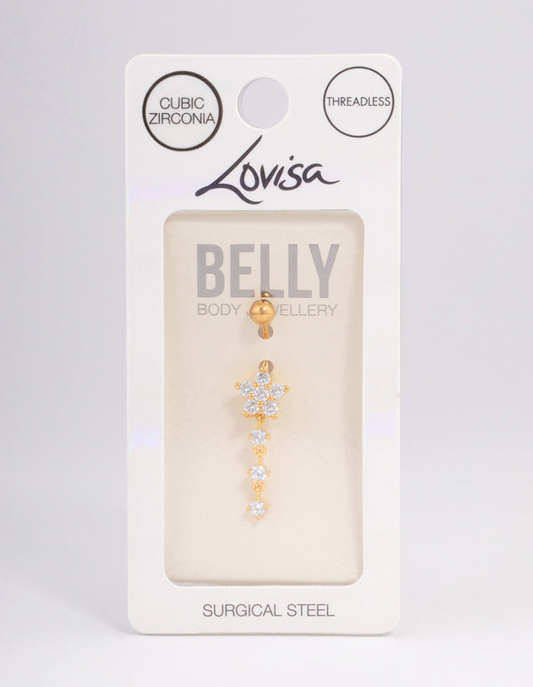 Gold Plated Surgical Steel Cubic Zirconia Trio & Flower Threadless Belly Bar