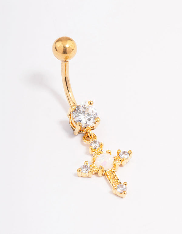 Gold Plated Surgical Steel Cubic Zirconia Opal Cross Threadless Belly Bar