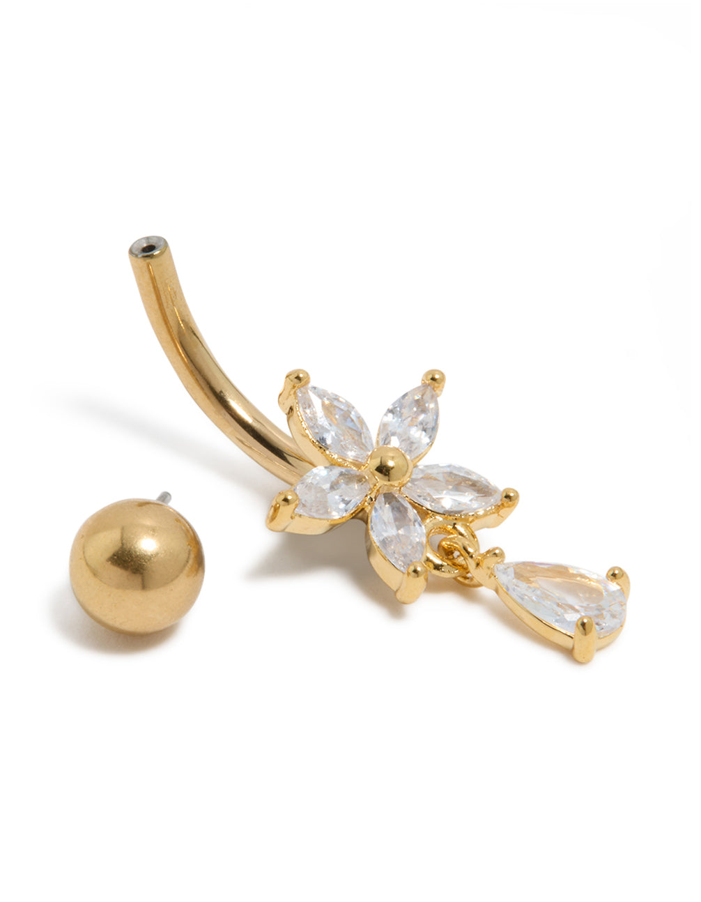 Gold Plated Surgical Steel Cubic Zirconia Flower Pear Threadless Belly Bar