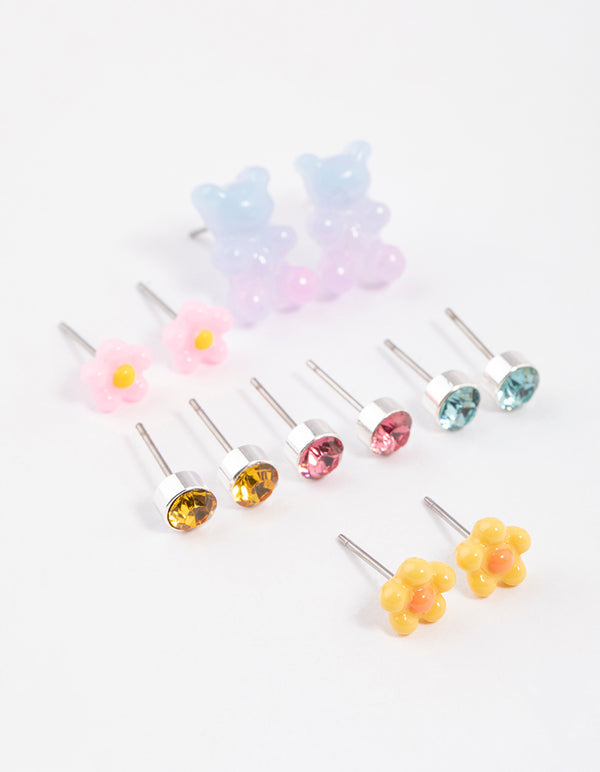 Kids Silver Gummy Bear Stud Earrings 6-Pack