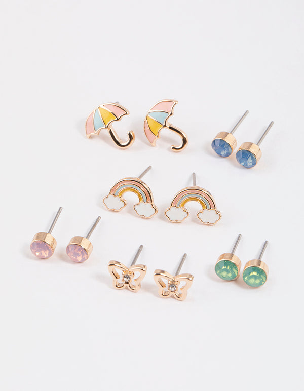 Kids Butterfly Rainbow Stud Earrings 6-Pack