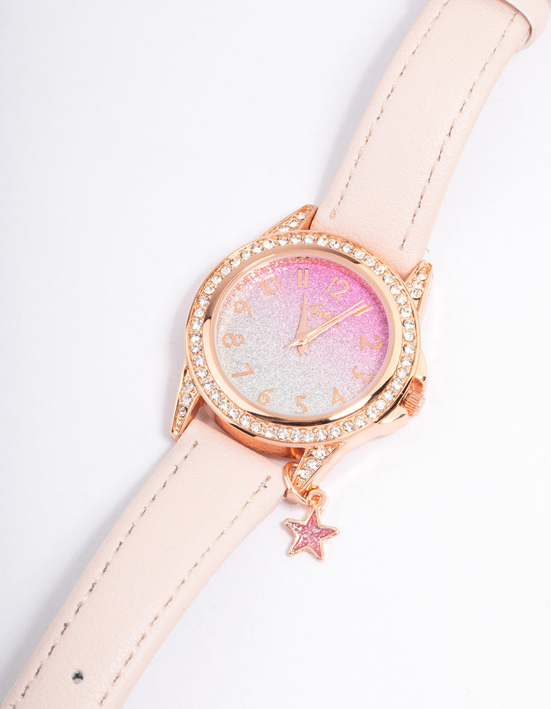 Kids Rose Gold Star Glitter Faux Leather Watch - Lovisa