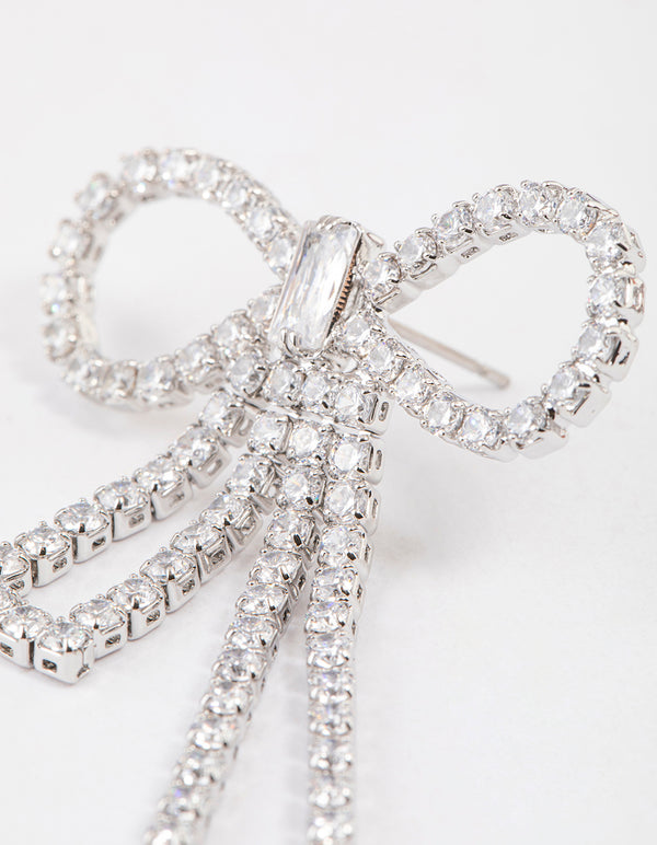 Silver Cubic Zirconia Statement Bow Drop Earrings