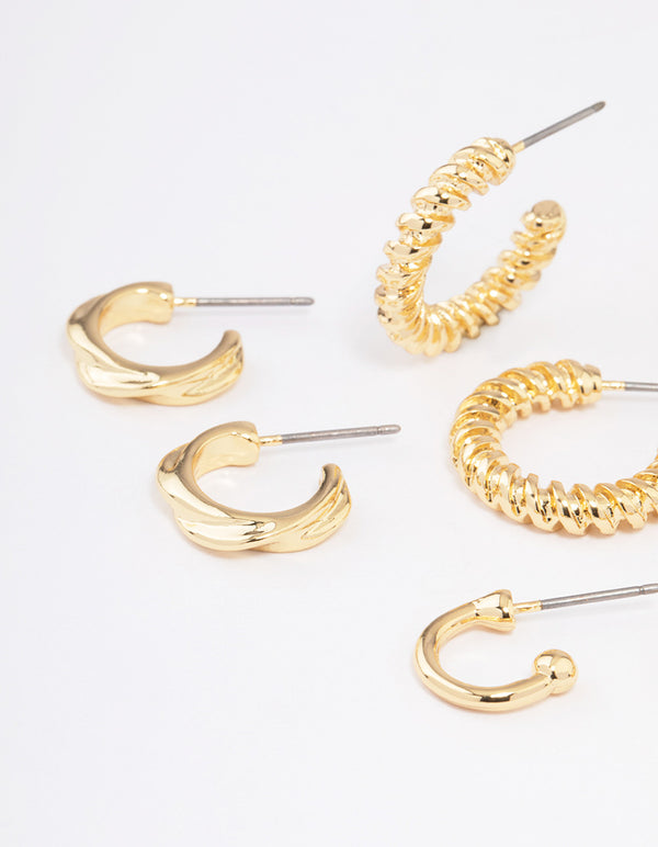 Gold Plated Textured Chunky Hoop Earrings 4-Pack