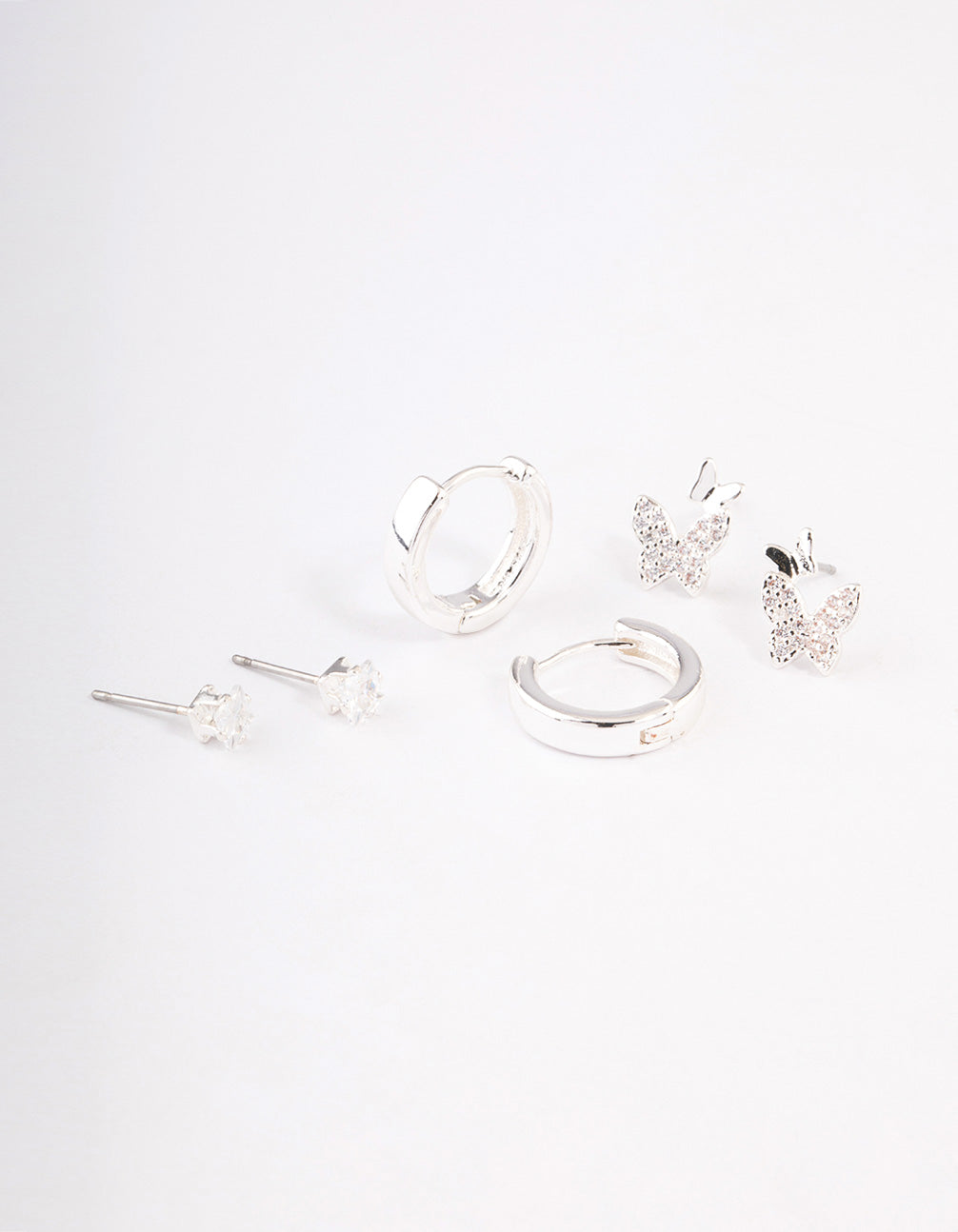 Silver Plated Brass Cubic Zirconia Double Butterfly Earring Pack