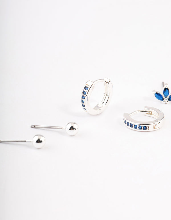 Silver Plated Brass Cubic Zirconia Marquise Stud & Huggie Earrings Pack