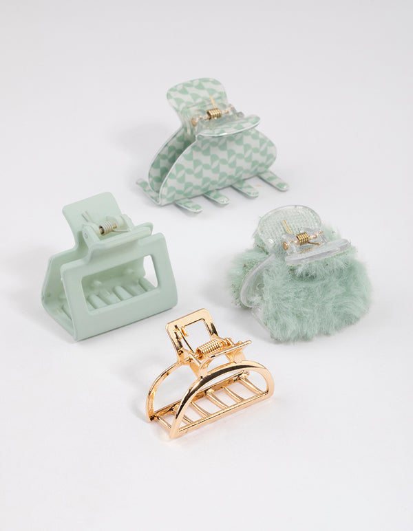 Mixed Green Fluffy Square Claw Clip 4-Pack