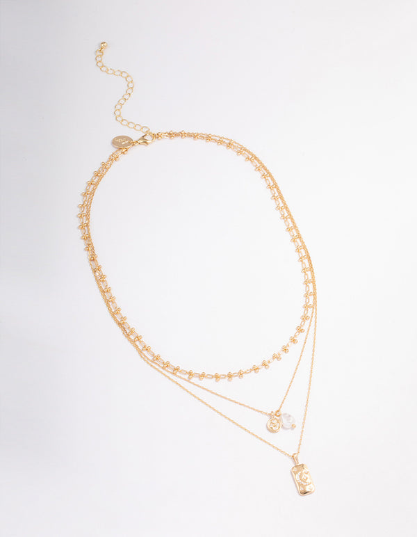 Gold Triple Layered Pearl Pendant Necklace