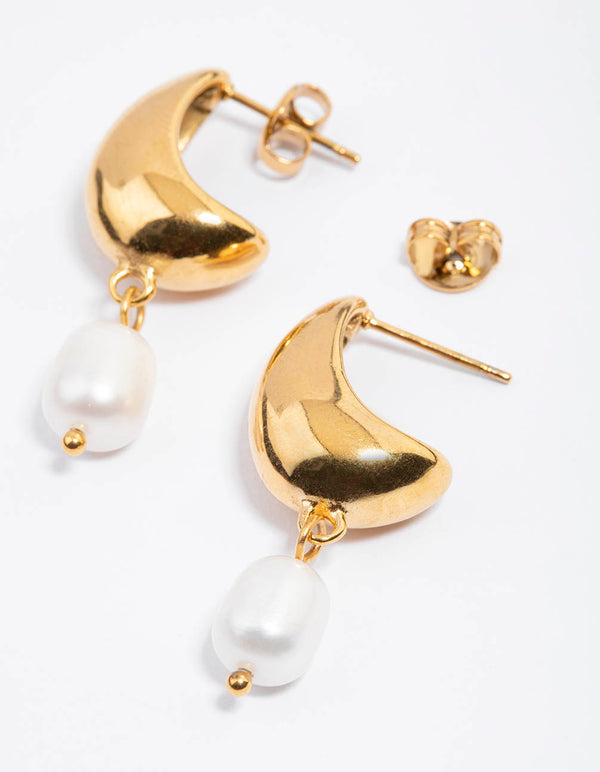 Waterproof Gold Plated Stainless Steel Freshwater Pearl & Bubble Hoop Earrings