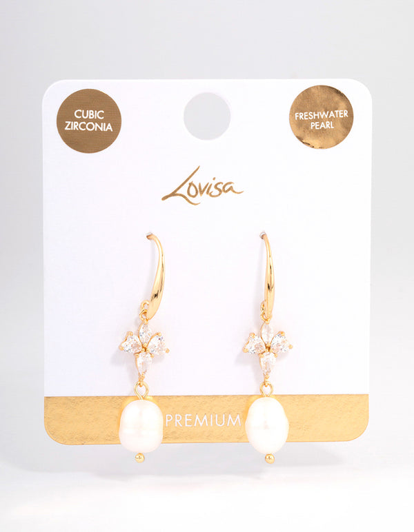 Gold Plated Cubic Zirconia & Freshwater Pearl French Drop Earrings