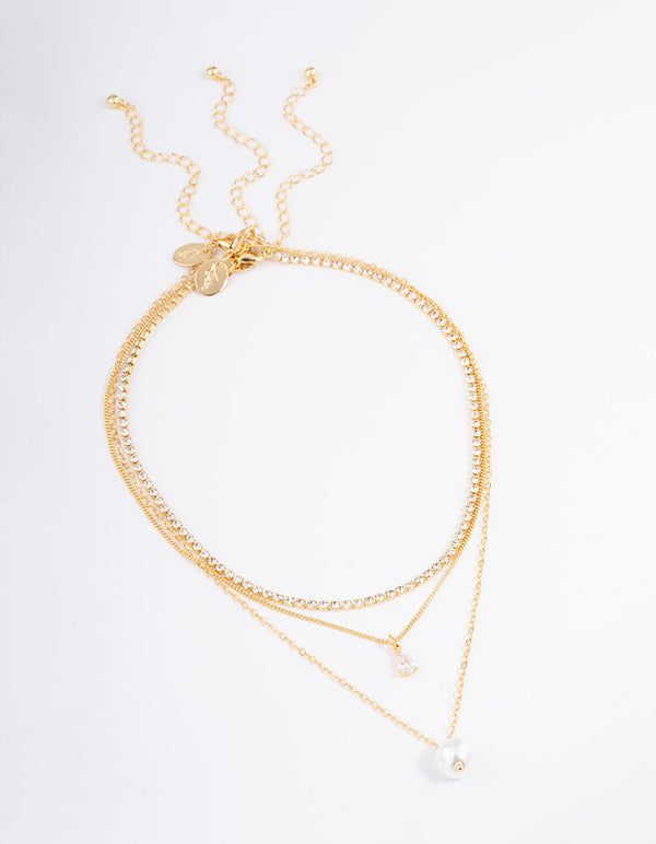 Gold Plated Cup Chain Diamante & Freshwater Pearl Layered Necklace