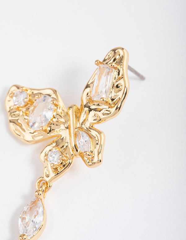 Gold Plated Cubic Zirconia Molten Butterfly Drop Earrings