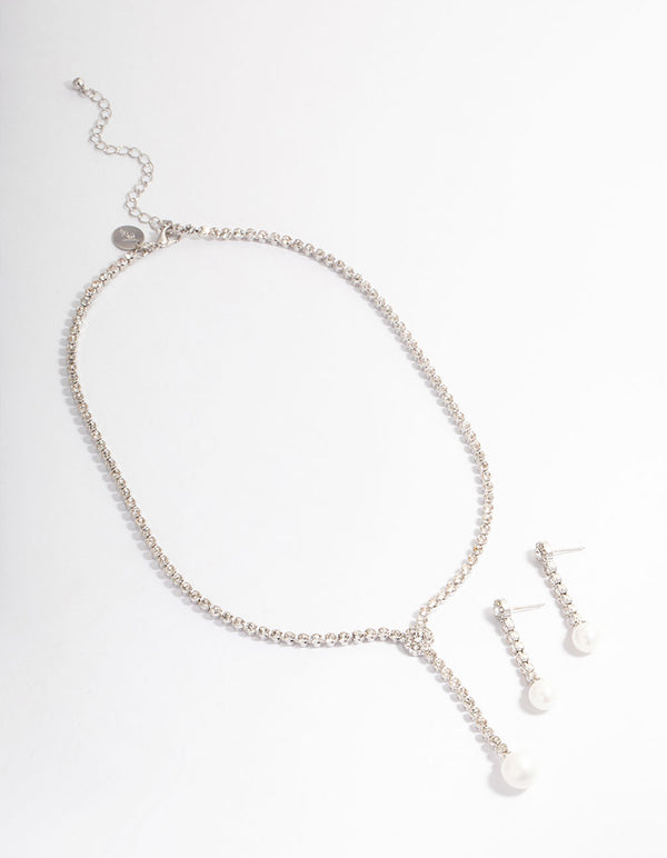 Silver Round Cup Chain Pearl Earring & Necklace Jewellery Set