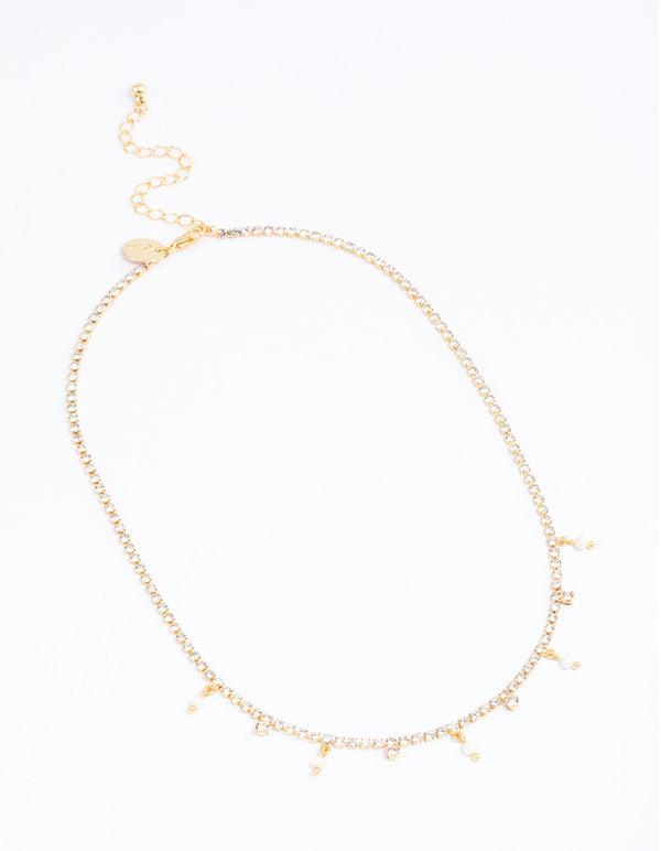 Gold Plated Cup Chain Cubic Zirconia & Freshwater Pearl Drop Necklace