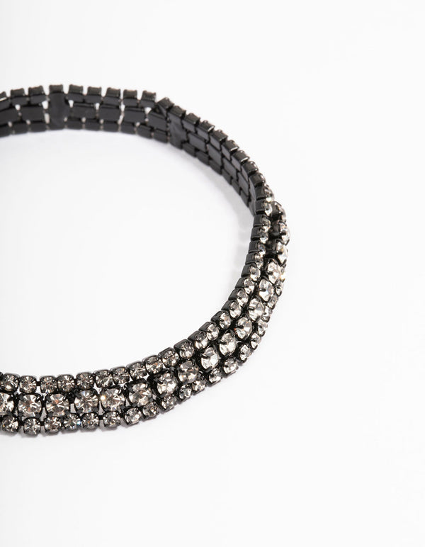 Black Thin Triple Row Diamante Tennis Bracelet