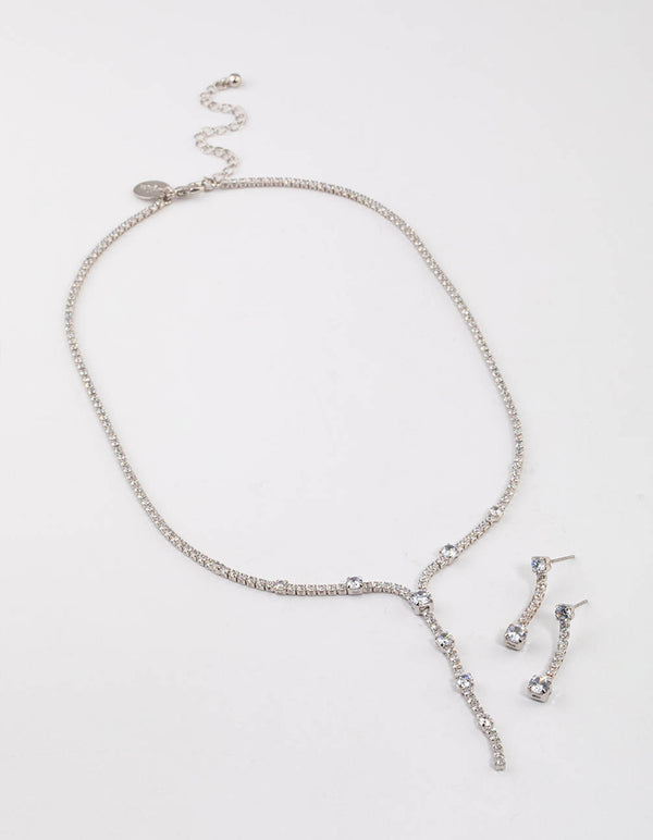 Silver Cubic Zirconia Mixed Y-Necklace & Earrings Set