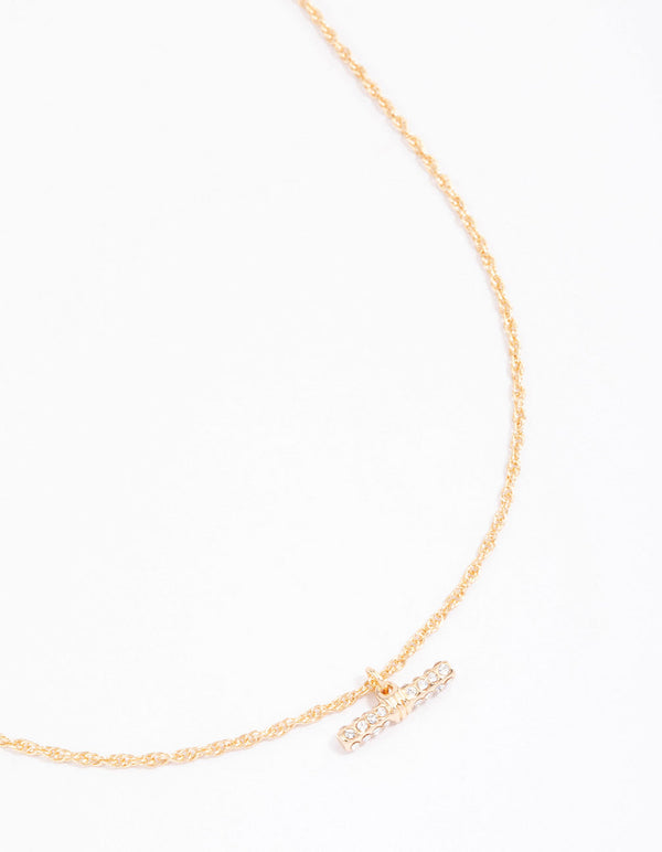 Gold Diamante T-Bar Pendant Necklace