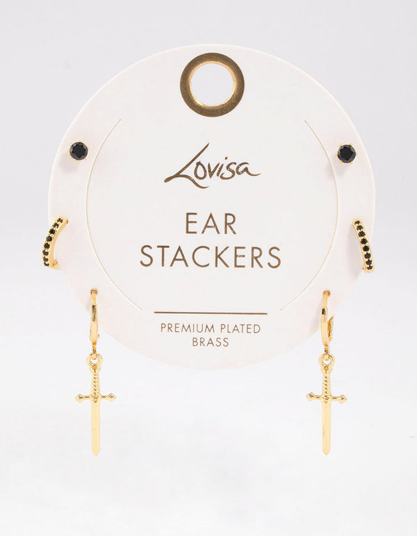 Gold Plated Brass Cubic Zirconia Dagger Huggie Earrings Pack