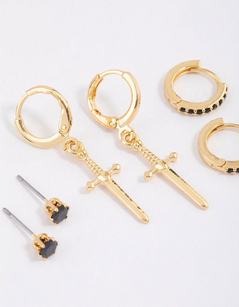 Gold Plated Brass Cubic Zirconia Dagger Huggie Earrings Pack
