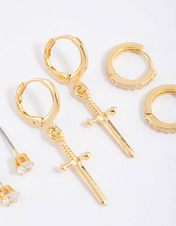Gold Plated Brass Cubic Zirconia Dagger Huggie Earrings Pack