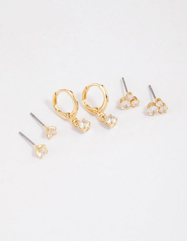 Gold Plated Brass Cubic Zirconia Trio Stud Earrings 6-Pack