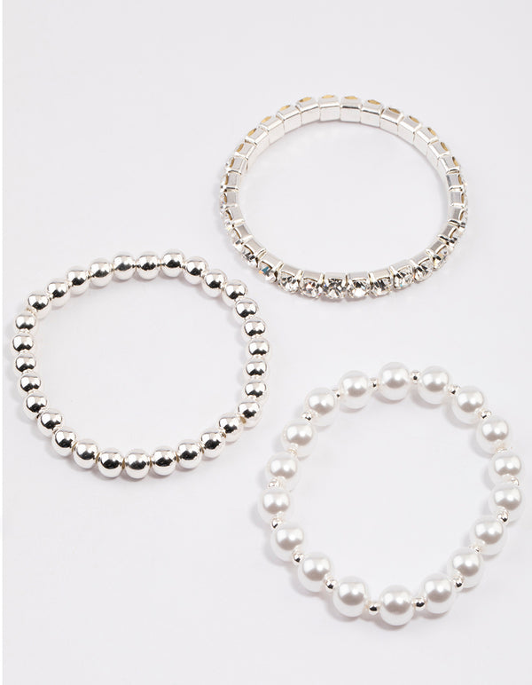 Silver Pearl & Diamante Strap Bracelet Pack