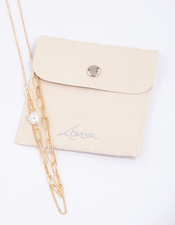 Gold Double Row Pearl Chain Necklace & Polishing Set