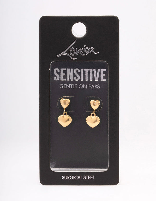 Gold Plated Surgical Steel Double Puffy Heart Drop Earrings