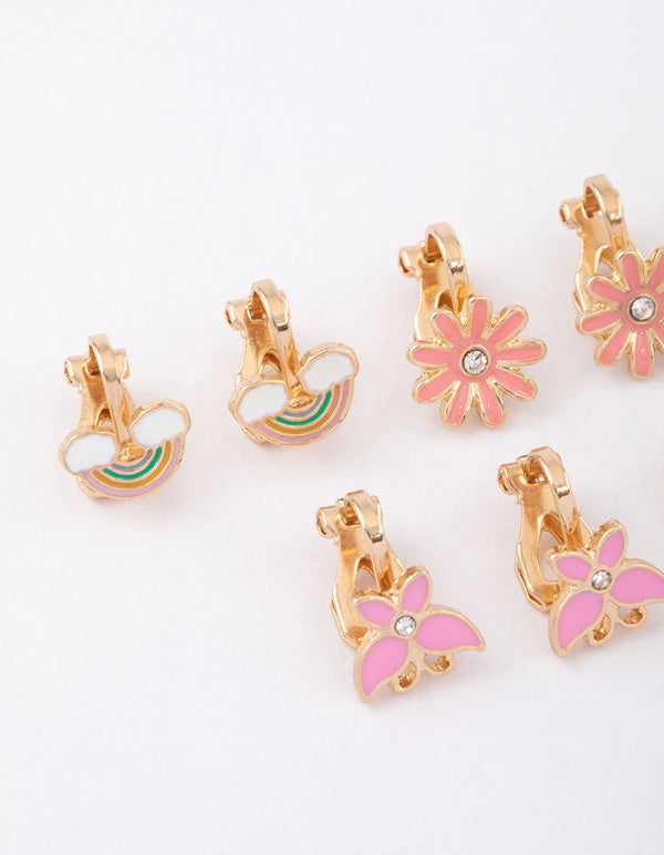Kids Pink Flower Clip On Stud Earrings 6-Pack