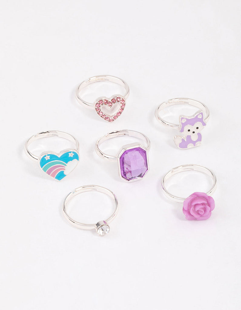Kids Silver Diamante Rose Ring 6-Pack Lovisa - Main Image