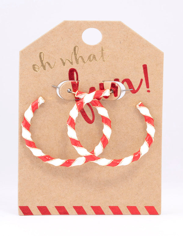 Red & White Enamel Christmas Hoop Earrings