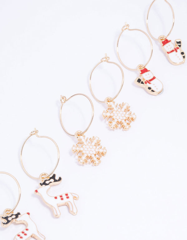 Gold Reindeer Hoop Earrings 3-Pack