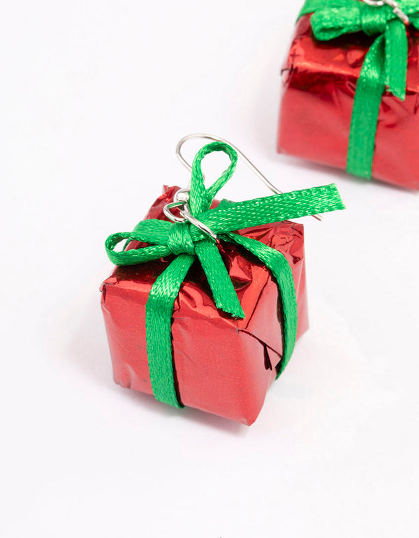 Silver Christmas Present Bow Drop Earrings